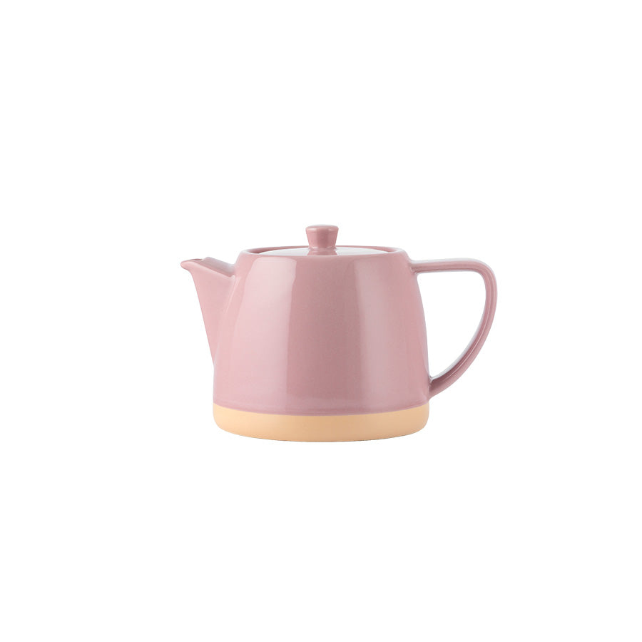 Rosa tekanne fra Porsgrunds Porselænsfabrik med avrundet form, lokk og beige leirekant, 0,6 liter