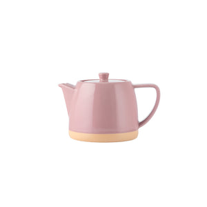Rosa tekanne fra Porsgrunds Porselænsfabrik med avrundet form, lokk og beige leirekant, 0,6 liter