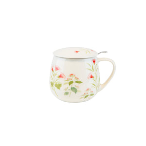 Porsgrunds Teatime tekrus i hvit porselen med lokk, rustfri tesil og rosa blomstermotiv
