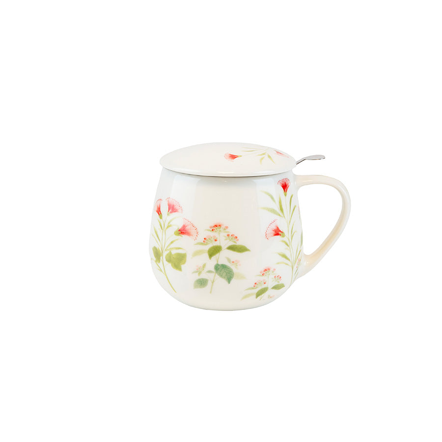 Porsgrunds Teatime tekrus i hvit porselen med lokk, rustfri tesil og rosa blomstermotiv