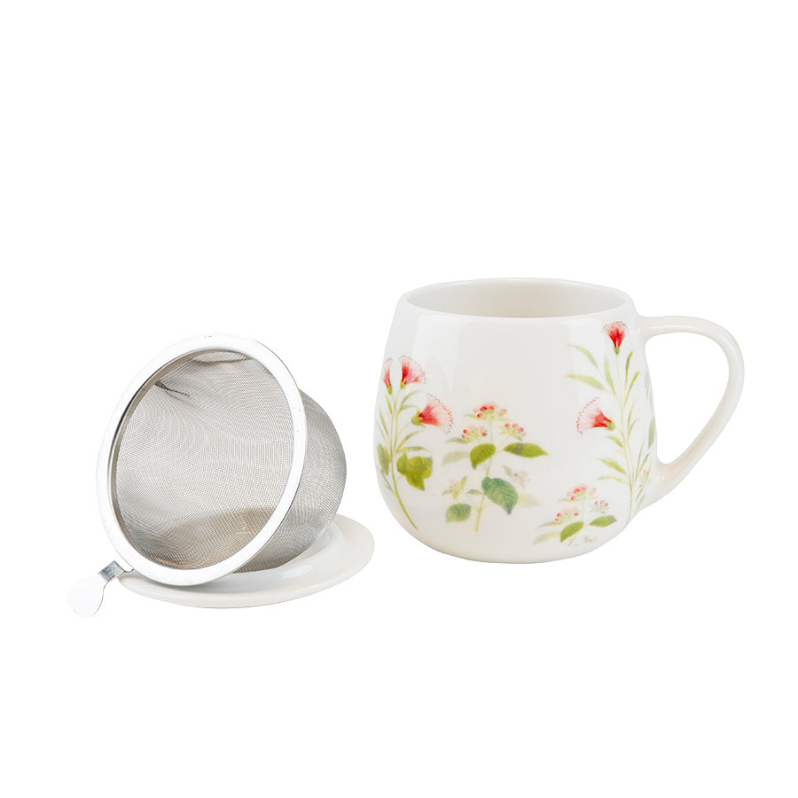 Teatime tekrus fra Porsgrunds Porselænsfabrik med rosa blomster, lokk og avtakbar tesil i rustfritt stål