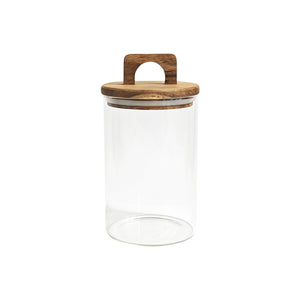 Christiania Glasmagasins Pantry oppbevaringsglass i klart glass med lokk og håndtak i akasietre, 19 cm