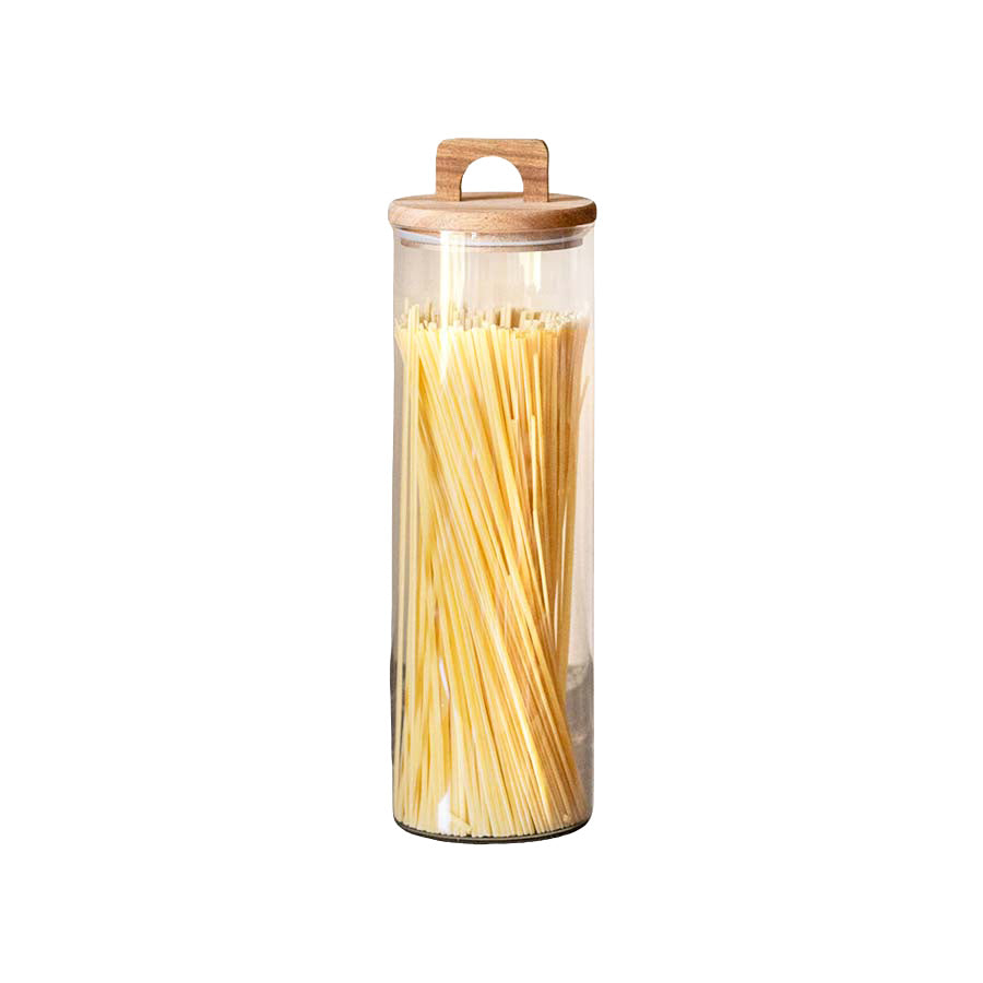 Oppbevaringsglass i klart glass med lokk i akasietre, perfekt for oppbevaring av pasta, tørrvarer og mer, 33 cm høyde.