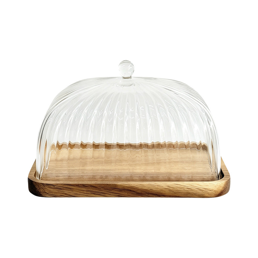 Osteklokke i klart glass med serveringsbrett i akasietre, 22 cm, fra Christiania Glasmagasin