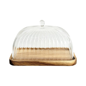 Osteklokke i klart glass med serveringsbrett i akasietre, 22 cm, fra Christiania Glasmagasin