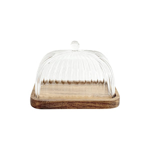 Christiania Glasmagasin Pantry smørklokke i ribbet klart glass med base i akasietre, 16,5 cm