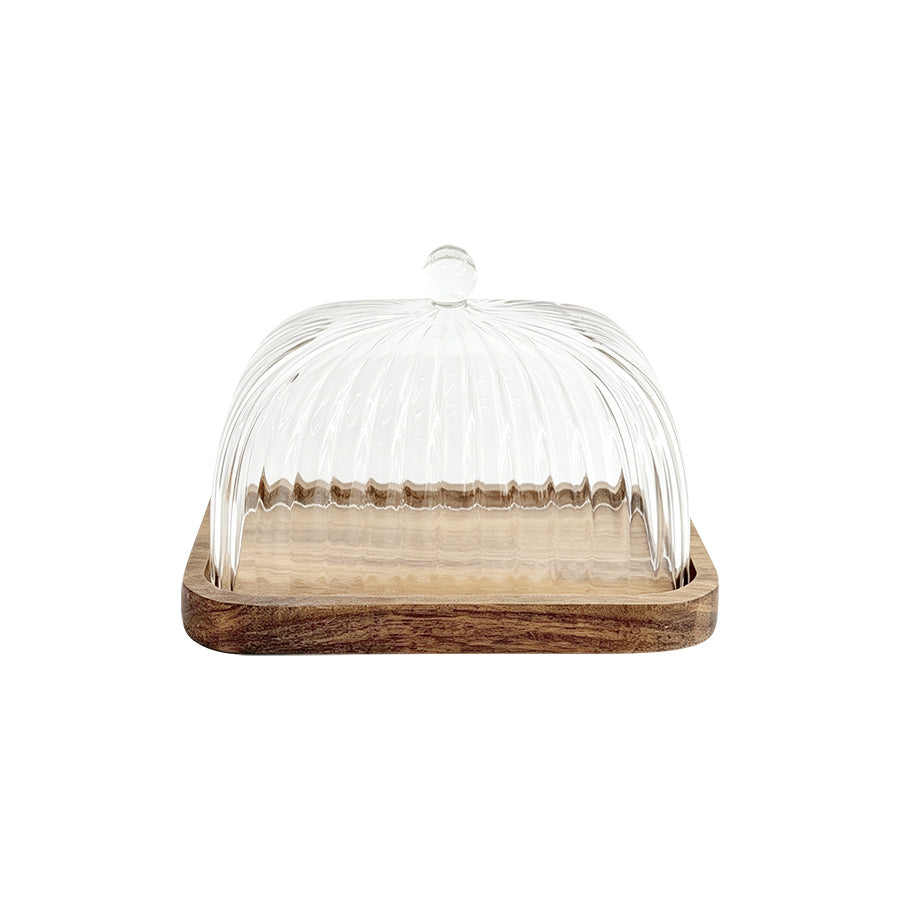 Christiania Glasmagasin Pantry smørklokke i ribbet klart glass med base i akasietre, 16,5 cm