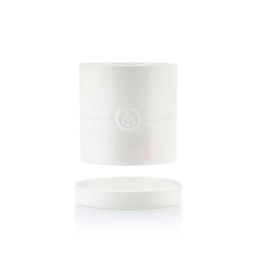Porsgrund Porselænsfabrik ildfast urtepotte med underskål 14 cm i hvit, med underskålen avbildet separat. Praktisk urtepotte for friske urter.