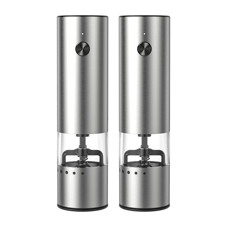 Christiania Glasmagasin Prep elektrisk salt- og pepperkvern sett på 14 cm, laget av rustfritt stål med keramisk kvern for jevn kverning.