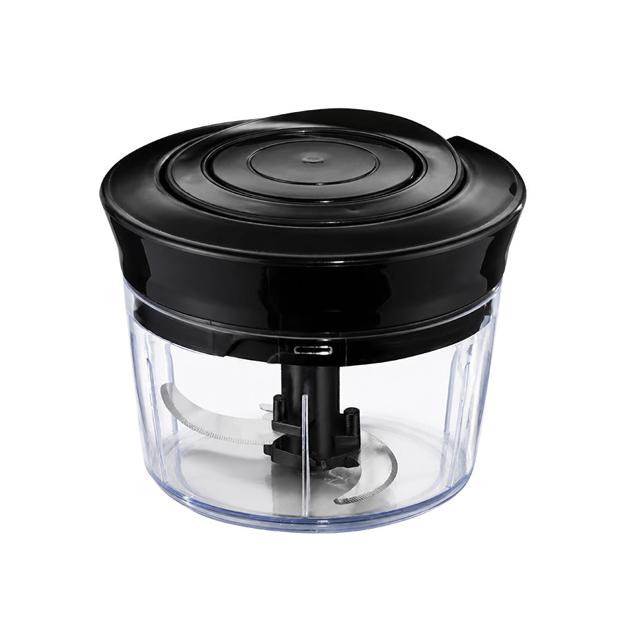 Christiania Glasmagasin minihakker med 400ml kapasitet, manuell trekk-mekanisme og sklisikker base, perfekt for hakking av løk, hvitløk og urter uten strøm.