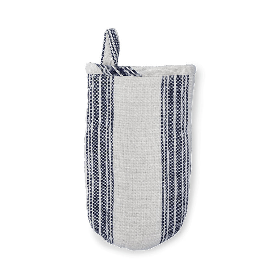 Rosendahl grillvott i blått med hvite striper, designet for varmebeskyttelse, hengt opp for enkel tilgang.