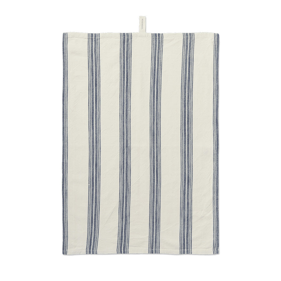 Rosendahl kjøkkenhåndkle med mørkeblå striper, flatlagt for visning av design og tekstur, ideelt for moderne kjøkken.