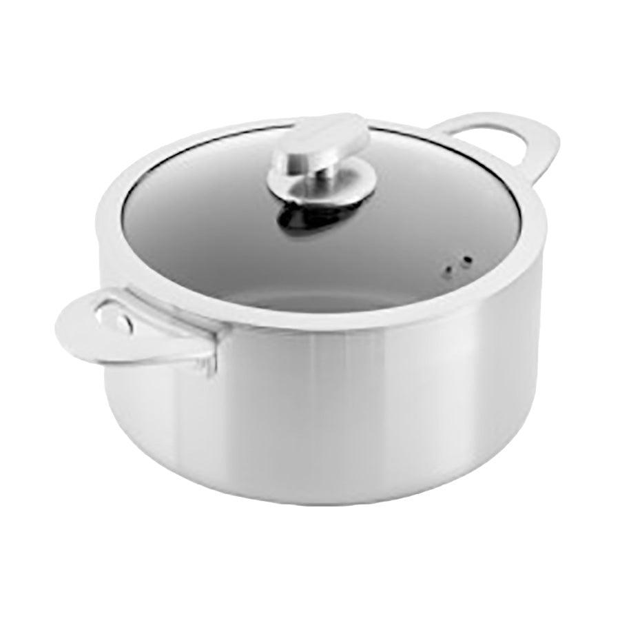 Scanpan Nura gryte med lokk sett fra siden, i rustfritt stål