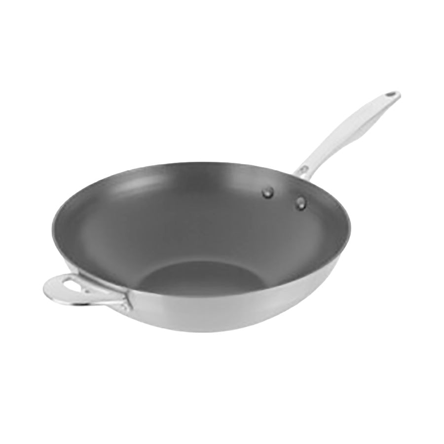 SCANPAN Nura wokpanne 32 cm i rustfritt stål, vist ovenfra med dype sider og ekstra støttehåndtak