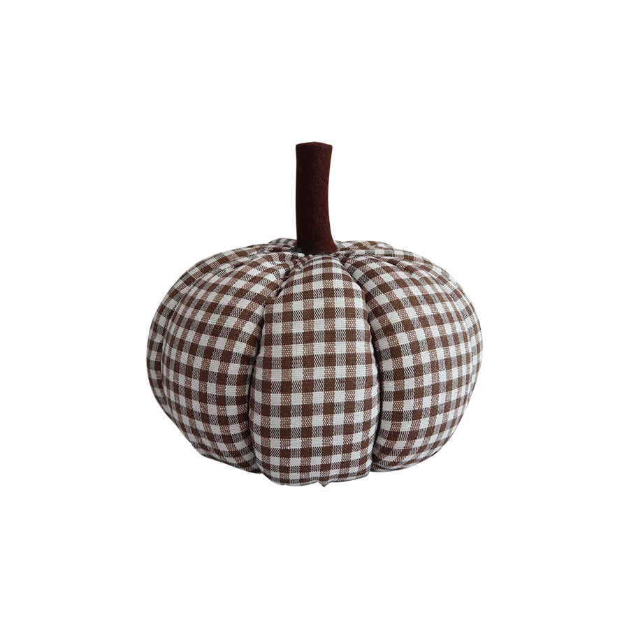 Brunt gresskar med rutete design, 12 cm stort, perfekt høstdekorasjon for hjemmet eller hytta.