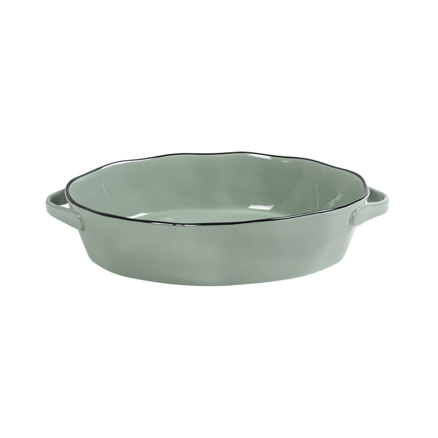 Utsikt av ildfast form oval, 38 cm, i grønn keramikk med håndtak, ideell for servering av gratenger.
