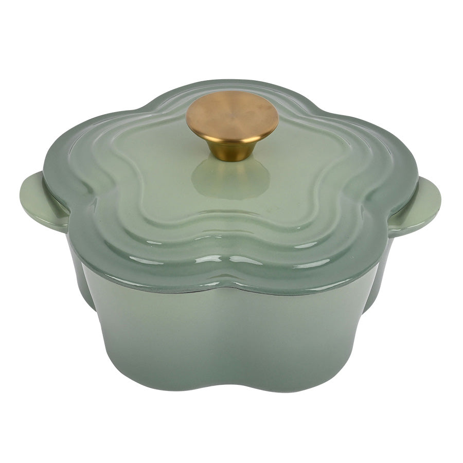 Seasons Easter Collection Støpejernsgryte Blomst 1,9L 30cm Grønn med elegant blomsterdesign og gullfarget knotthåndtak, perfekt til matlaging og servering.