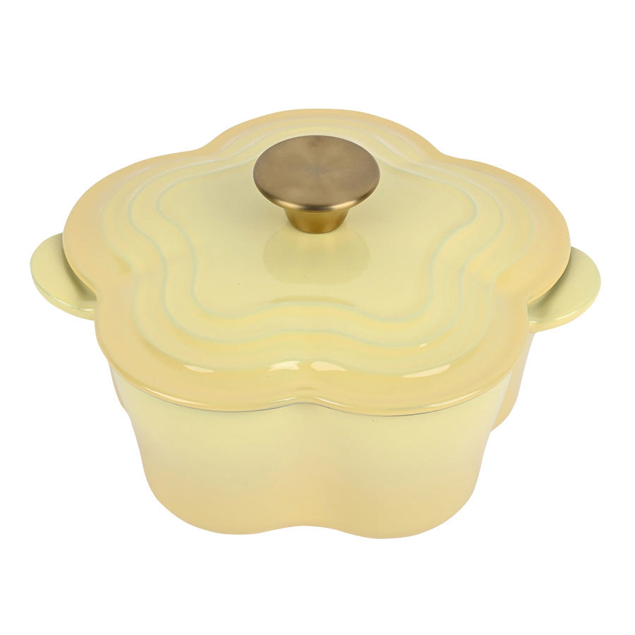 Seasons Støpejernsgryte Blomst 1.9L 30cm Gul, med dekorativ blomsterform og slitesterk emalje, ideell for jevn varmefordeling og perfekt matlaging.