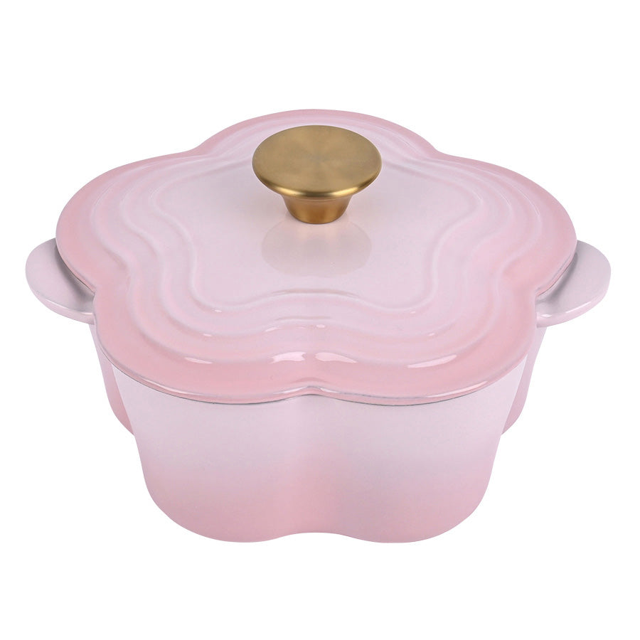 Seasons Støpejernsgryte Blomst 1,9L 30cm Rosa med elegang blomsterform og gullfarget knapp.