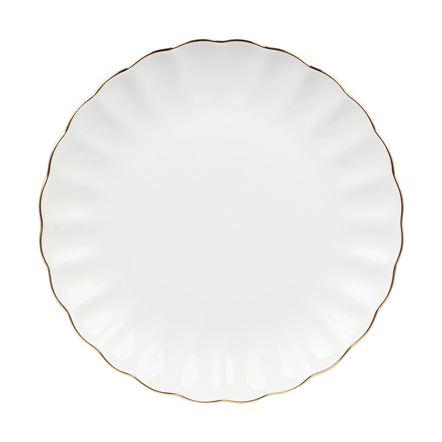 Nova Lilly Tallerken 26cm Hvit m/Gullkant, elegant middagstallerken fra NOVA med gullkant og bølget kantdesign, perfekt for servering av hovedretter.