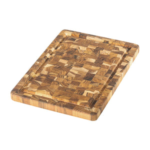 Skjærefjøl i teak med endetrykk, 36x26 cm, perfekt for kutting av grønnsaker og kjøtt, med saftrenne for å holde kjøkkenbenken ren.