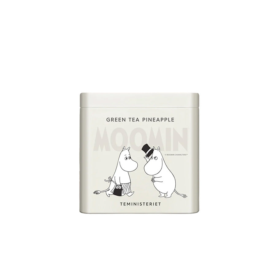 Teministeriet Moomin Grønn Te Ananas i en elegant, lys grå boks med Moomin-karakterer, perfekt for te-entusiaster.
