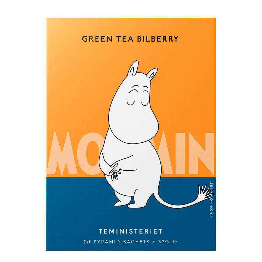 Teministeriet Moomin Grønn Te Blåbær pyramideposer med fargerik eske som fremhever teen, en botanisk blanding med blåbær og blomster.