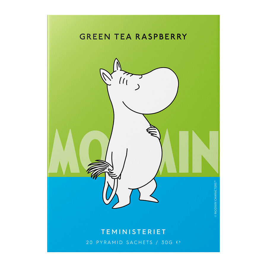 Teministeriet Moomin Grønn Te Bringebær i pyramideposer – en frisk og fruktig te med lyse grønne og blå farger, perfekt for teelskere.