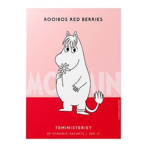 Teministeriet Moomin Rooibos Røde Bær Te med pyramideposer, illustrert i en fargerik eske med Moomin-figurer, perfekt for en fruktig og koffeinfri teopplevelse.