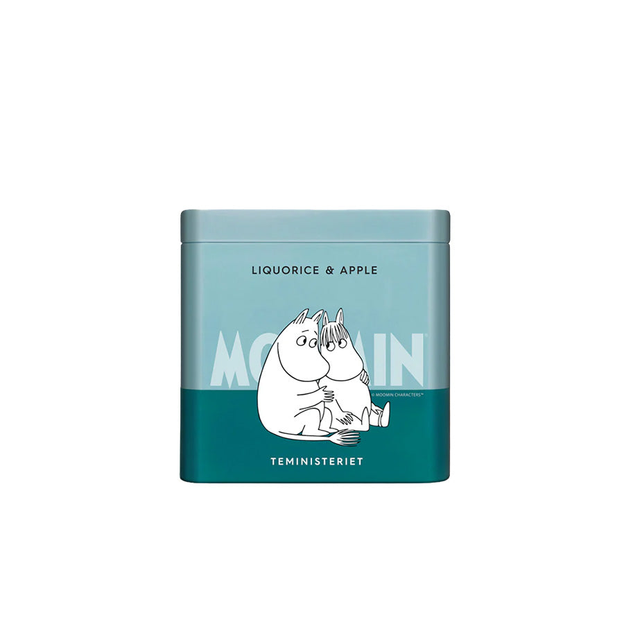 Teministeriet Moomin Te Lakris og Eple i en dekorativ turkis boks med Mummitrollet og Snorkfrøkenen, ideell for teelskere.