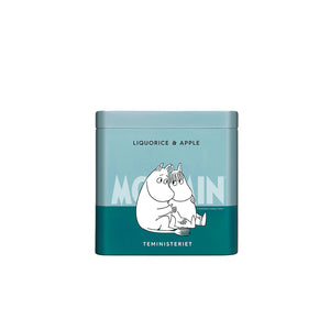 Teministeriet Moomin Te Lakris og Eple i en dekorativ turkis boks med Mummitrollet og Snorkfrøkenen, ideell for teelskere.