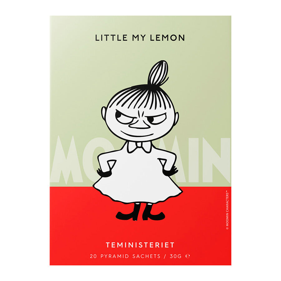 Teministeriet Moomin Lille My Sitron Te med pyramideposer, illustrert eske i grønne og røde farger, som inneholder grønn te med ingefær og sitron, perfekt for en velsmakende kopp te.