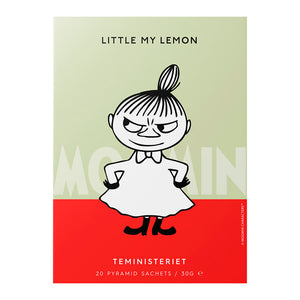 Teministeriet Moomin Lille My Sitron Te med pyramideposer, illustrert eske i grønne og røde farger, som inneholder grønn te med ingefær og sitron, perfekt for en velsmakende kopp te.