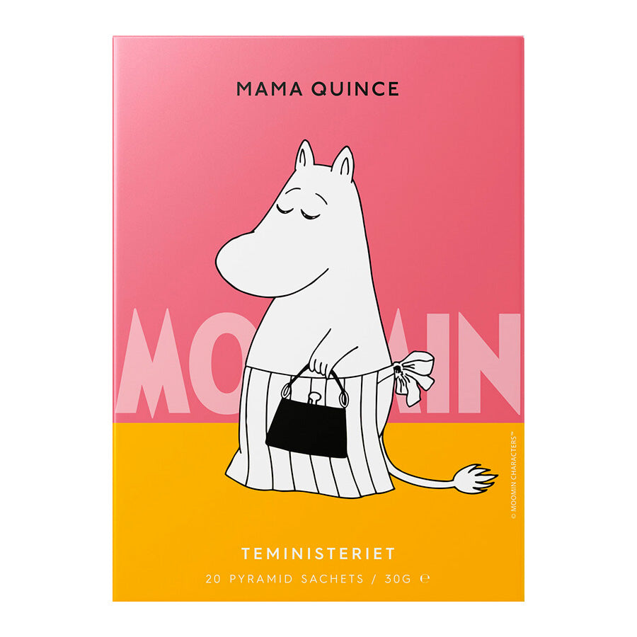 Teministeriet Moomin Mummimamma sort te med pyramidposer i fargerik emballasje, perfekt for teelskere.