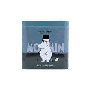 Teministeriet Moomin Mummipappa Sort Te i elegant blå og grå pakke med Mummipappa i flosshatt, perfekt som gave til te-elskere.