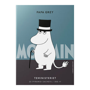 Teministeriet Moomin Mummipappa te i pyramideposer, 30 g, med illustrasjon av Mummipappa i flosshatt, perfekt for teelskere.