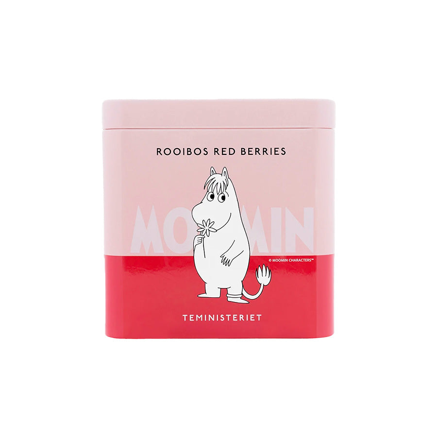Teministeriet Moomin Rooibos Red Berries Te i en sjarmerende rosa og rød boks med Moomin-design.