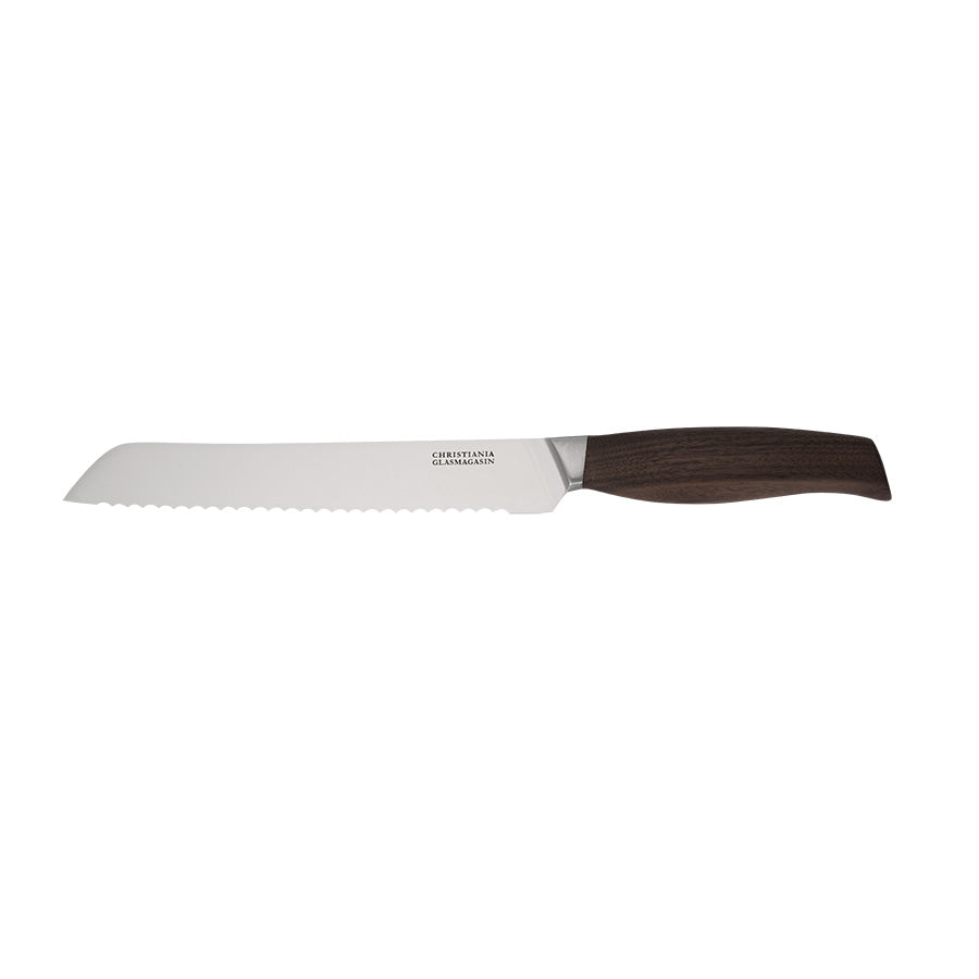 Lund brødkniv med 20 cm tagget blad og håndtak i ekte valnøtt