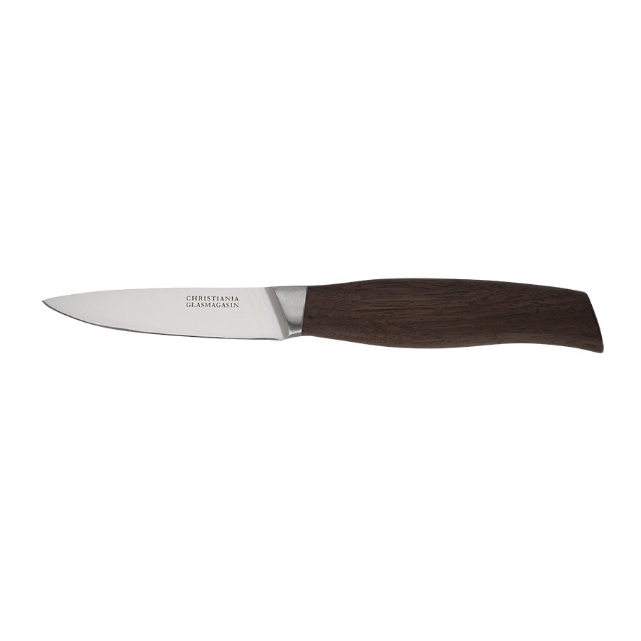 Christiania Glasmagasin skrellekniv med 9 cm blad i rustfritt stål og valnøtt håndtak, perfekt for presisjonsarbeid.
