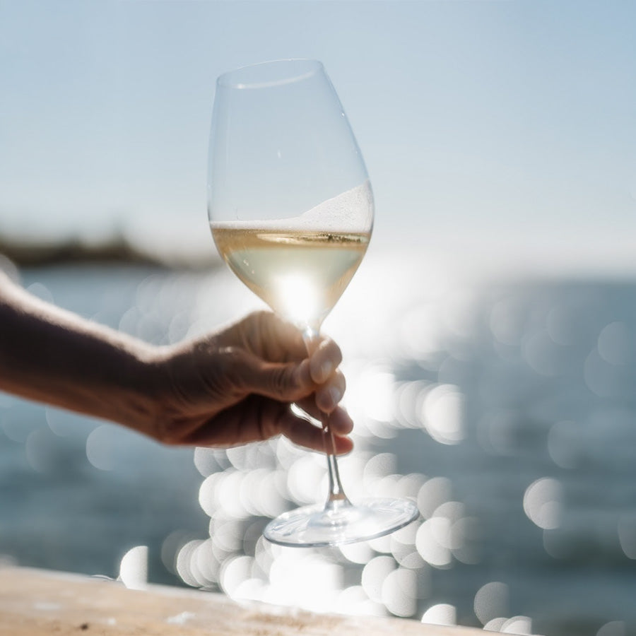 RIEDEL Champagne  Veritas Champagne Wine 2pk 270-årsjubileum – hånd som skjenker champagne i RIEDEL Veritas glass ved sjøutsikt