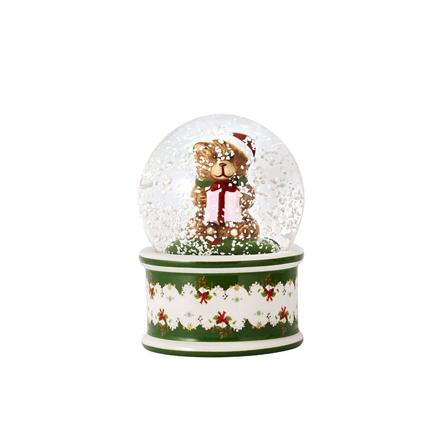 Villeroy & Boch Christmas Toys snøkule med søt bamse, snø og grønn juledekor