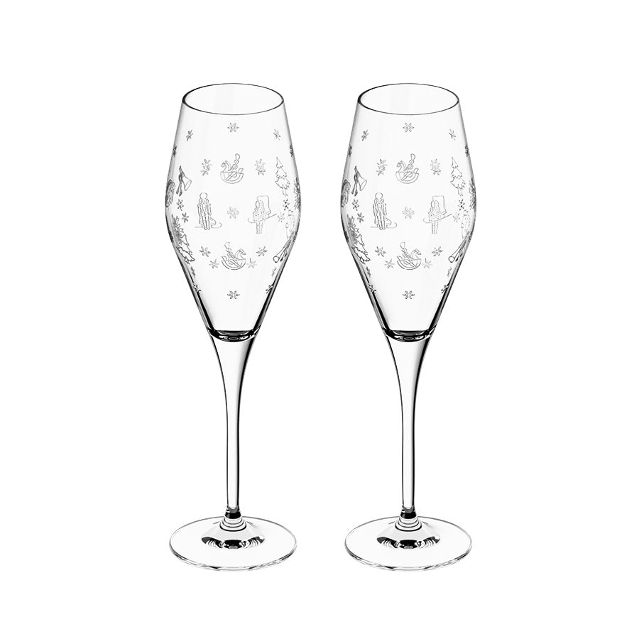 Villeroy & Boch Toy's Delight champagneglass i klart krystallglass, sett med 2 glass dekorert med julemotiver