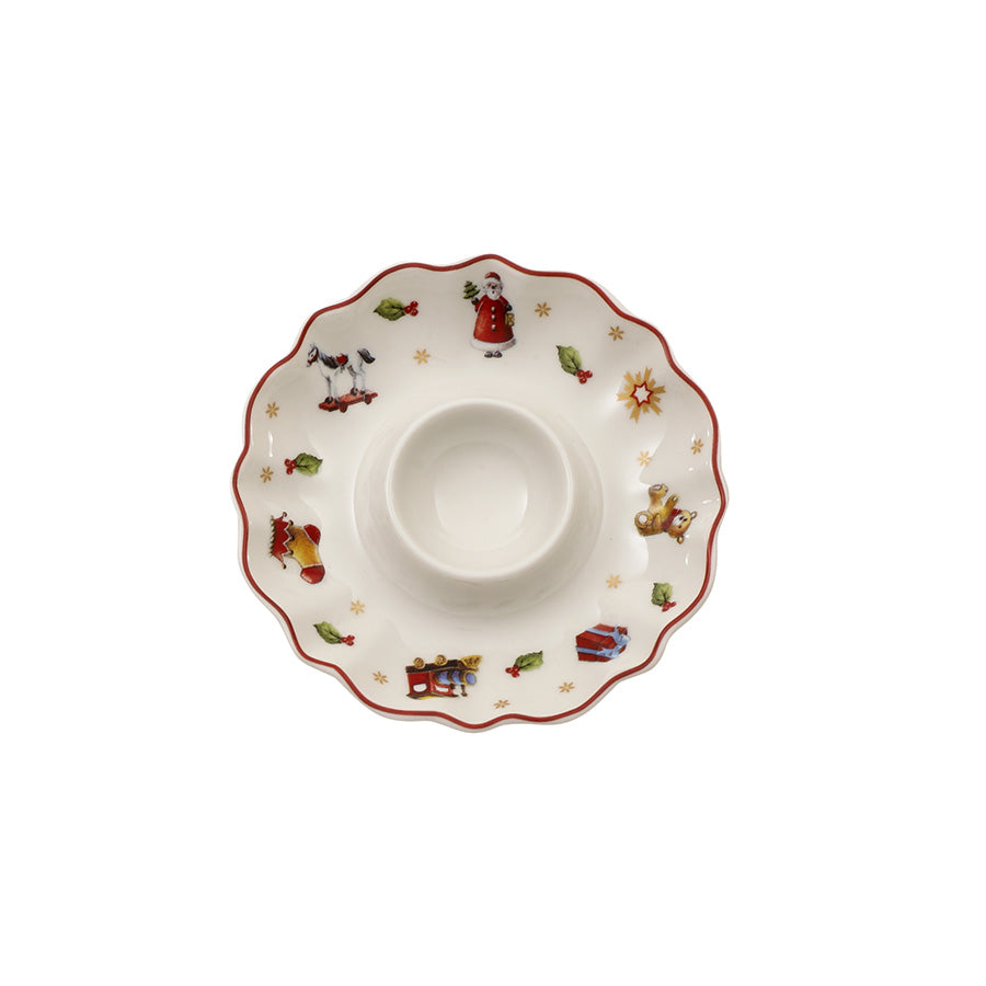 Villeroy & Boch Toy's Delight eggeglass i hvitt porselen med røde kanter og fargerike julemotiver, sett ovenfra