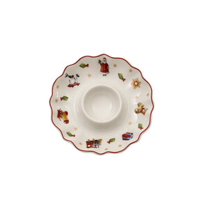 Villeroy & Boch Toy's Delight eggeglass i hvitt porselen med røde kanter og fargerike julemotiver, sett ovenfra