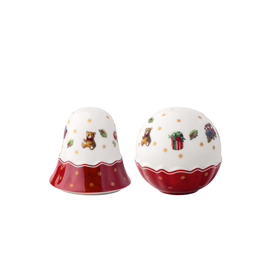 Villeroy & Boch Toy's Delight salt- og pepperbøsse i premium porselen, med julebjelle og julekule i hvitt og rødt