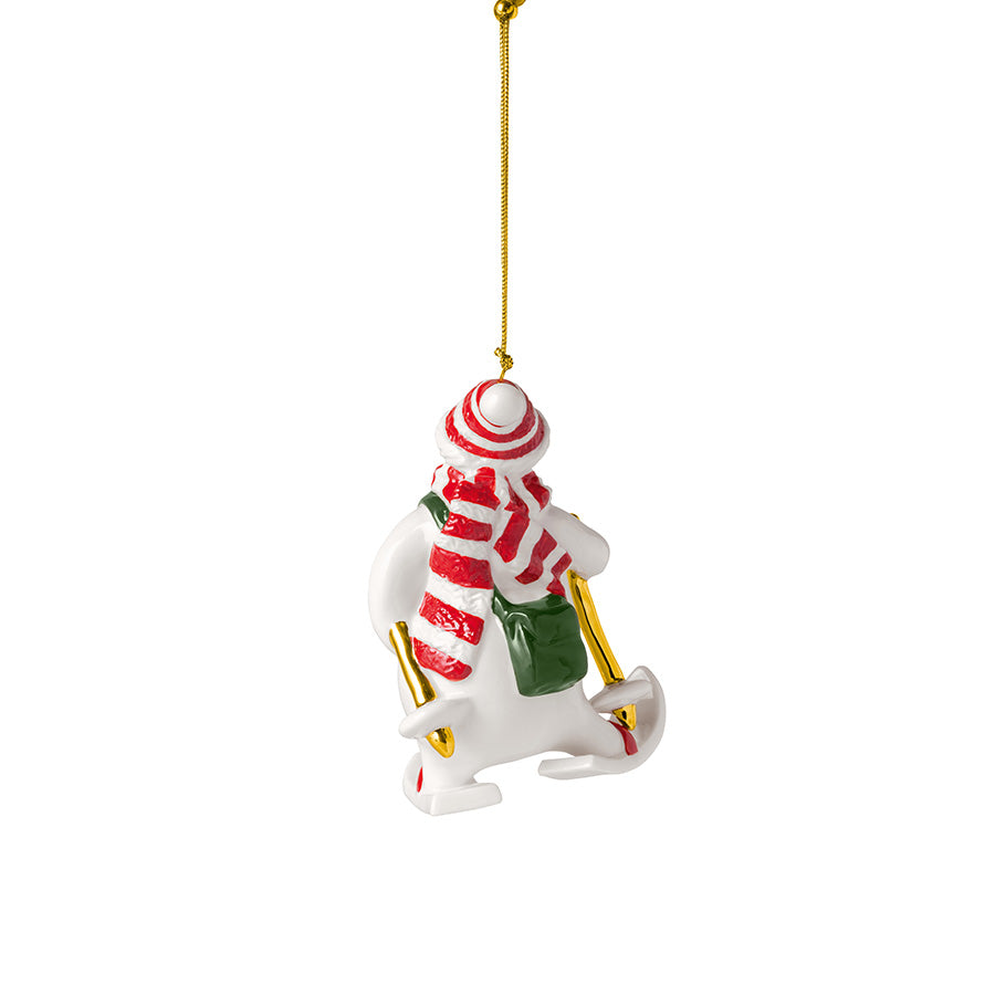 Baksiden av Villeroy & Boch Christmas Classics snømann-ornament med rødt skjerf og grønn detalj