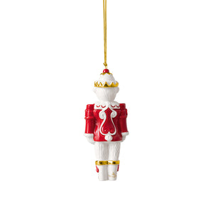 Baksiden av Christmas Classics nøtteknekker-ornament med rødt jakketøy og gullfargede detaljer