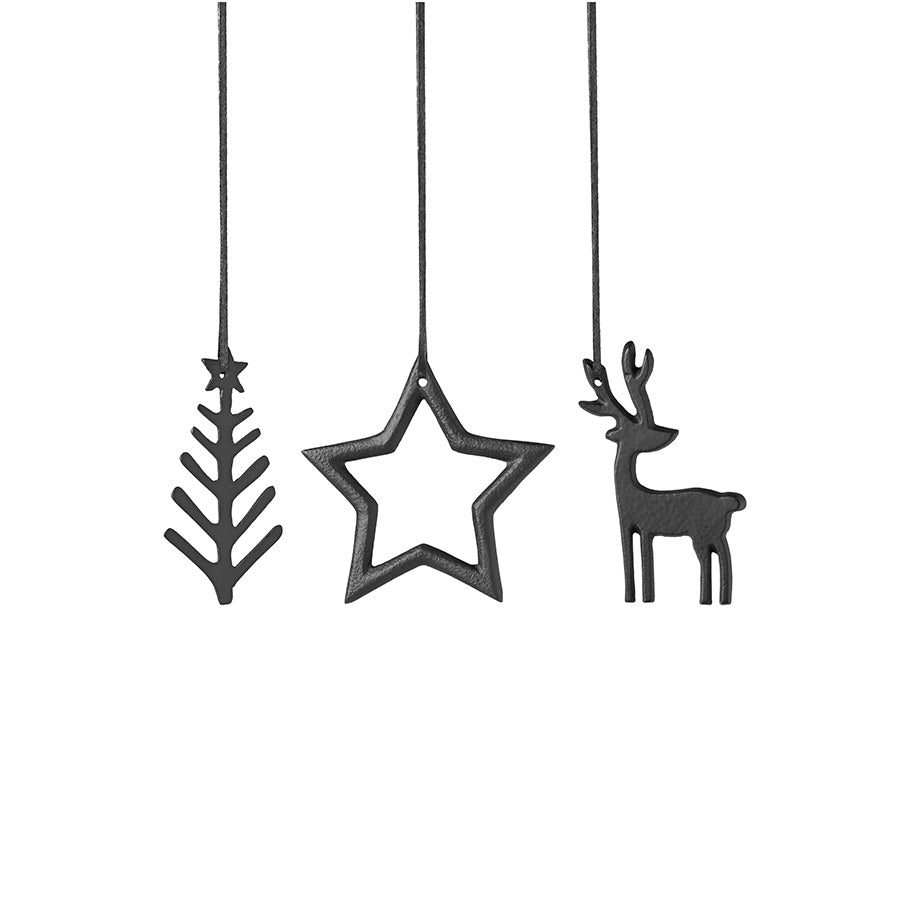 Christmas Chic juleornamenter fra Villeroy & Boch med tre svarte anheng i form av reinsdyr, stjerne og juletre