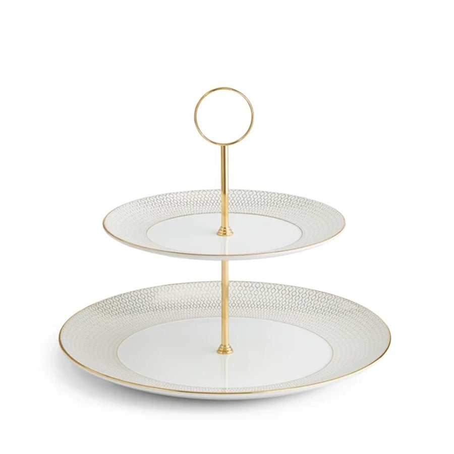 Wedgwood Gio Gold etasjefat med to lag – elegant benporselen med 22 karat gullkant og geometrisk mønster, perfekt for servering av søtsaker.