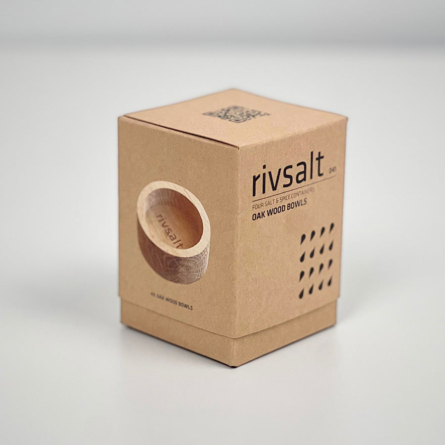 Lukket gaveeske med RIVSALT eikeskål, elegant design for oppbevaring av matvarer.